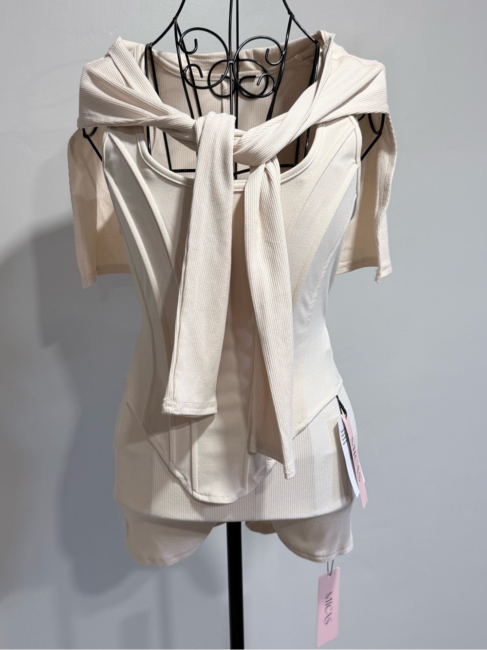 Sleeveless Cream Tank Top with Knit Tie Detail